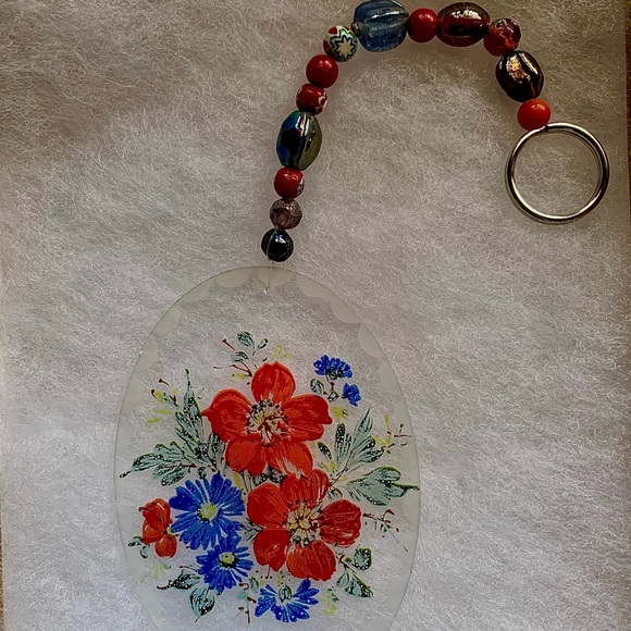 Poppies Blue Flowers Glass Vtg Sun Catcher & Beaded Strand Hanging Window Decor - Picture 8 of 10